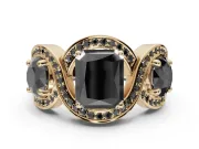 Radiant Cut Three Stone Engagement Ring Setting for a Black Center | Pavé Wave Band | Yellow Gold