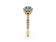 Fancy Blue Cushion Cut Diamond Halo Pavé Band Ring Set in Yellow gold with Prong-Held Center