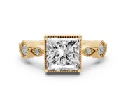 Princess Cut Vintage Milgrain Engagement Ring Setting | Marquise and Square Stations | Yellow Gold