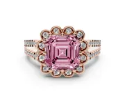Asscher Cut Floral Halo Engagement Ring Setting for a Fancy Pink Lab-Grown Diamond | Pavé Split Shank | Rose Gold