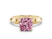 Fancy Pink Cushion Cut Diamond Solitaire Engagement Ring Set in Yellow gold with Flat Band and Prong Setting