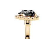 Fancy Black Heart Cut Halo Round Diamond Solitaire Ring Set in Yellow gold with Pavé Band and Prong Setting