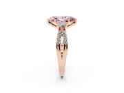 Fancy Pink Marquise Cut Diamond Three-Stone Ring Set in Rose gold with Pavé Split Shank and Prong Setting