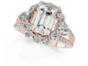 Emerald Cut Diamond Halo Split Shank Engagement Ring Set in Rose gold with Prong-Held Center Stone
