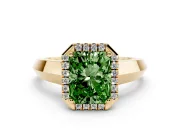 Fancy Green Radiant Cut Diamond Halo Ring Set in Yellow gold with Cathedral Band and Prong Setting