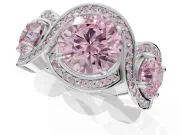 Round Three Stone Halo Engagement Ring Setting for a Fancy Pink Lab-Grown Diamond | Pavé Wave Band | Sterling Silver