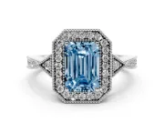 Emerald Cut Milgrain Halo Engagement Ring Setting for a Fancy Blue Lab-Grown Diamond | Graduated Pavé | White Gold