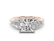 Princess Cut Three-Stone Engagement Ring Setting | Pear Side Stones | Rose Gold