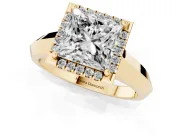 Princess Cut Diamond Halo Ring Set in Yellow gold with Cathedral Band and Prong Setting