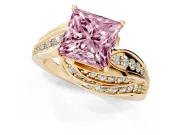Fancy Pink Princess Cut Diamond Solitaire Ring Set in Yellow gold with Layered Twist Pavé Band