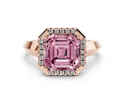 Fancy Pink Asscher Cut Diamond Halo Ring Set in Rose gold with Cathedral Band and Prong Setting