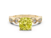 Fancy Yellow Cushion Cut Diamond Solitaire Engagement Ring Set in Yellow gold with Milgrain Bezel Accent Band