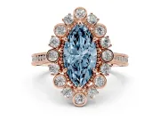 Fancy Blue Marquise Cut Diamond Halo Milgrain Pavé Ring Set in Rose gold with Prong Setting