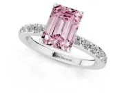 Fancy Pink Emerald Cut Diamond Solitaire Set in Platinum with Round Pavé Band and Prong Setting