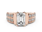 Emerald Cut Half Bezel Engagement Ring Setting | Double Row Channel Band | Rose Gold