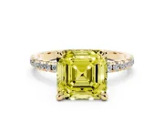 Fancy Yellow Asscher Cut Diamond Brilliant Solitaire Ring Set in Yellow gold with Pavé Band and Prong Setting