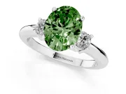 Fancy Green Three-Stone Oval Cut Diamond Ring Set in Platinum with Prong Setting and Plain Band