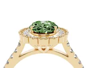 Fancy Green Oval Cut Diamond Milgrain Floral Halo Engagement Ring Set in Yellow gold with Pavé Band