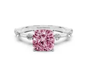 Fancy Pink Cushion Cut Diamond Solitaire Ring Set in White gold with Bezel Set Side Stones and Prong Setting