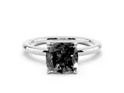 Fancy Black Cushion Cut Diamond Solitaire Ring Set in White gold with Thin Band and Prong Setting