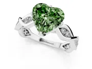 Fancy Green Heart Cut Diamond Twist Band Solitaire Ring Set in Platinum with Leaf Prong Setting and Accent Stones