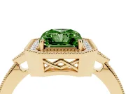 Fancy Green Radiant Cut Diamond Halo Engagement Ring Set in Yellow gold with Milgrain Pavé Band