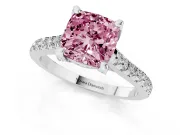 Fancy Pink Cushion Cut Diamond Solitaire Ring Set in Silver with Brilliant Pavé Band and Prong Setting