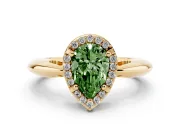 Fancy Green Pear Cut Diamond Halo Engagement Ring Set in Yellow gold with Plain Split Shank and Prong Setting