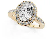 Oval Cut Diamond Halo Pavé Solitaire Ring Set in Yellow gold with Prong-Set Center Stone