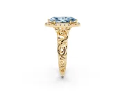 Fancy Blue Marquise Cut Diamond Halo Ring Set in Yellow gold with Scrollwork Band and Prong Setting