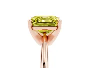 Fancy Yellow Asscher Cut Diamond Solitaire Ring Set in Rose gold with Prong Setting on a Plain Round Band