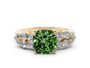 Cushion Cut Side Stone Engagement Ring Setting for a Fancy Green Lab-Grown Diamond | Shoulder Clusters | Yellow Gold