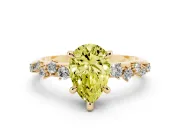 Fancy Yellow Pear Cut Diamond Solitaire Vine Band Ring Set in Yellow gold with Round Accents and Prong Setting