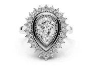 Pear Cut Diamond Halo Ring Set in White gold with Milgrain Edge and Round Prong Setting