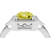 Fancy Yellow Radiant Cut Diamond Halo Engagement Ring Set in Silver with Milgrain Pavé Band