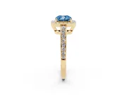 Fancy Blue Cushion Cut Diamond Halo Pavé Engagement Ring Set in Yellow gold with Bezel Setting