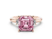 Fancy Pink Three-Stone Asscher Cut Diamond Ring Set in Rose gold with Prong Setting and Plain Band