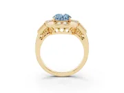 Fancy Blue Oval Cut Diamond Milgrain Halo Ring Set in Yellow gold with Split Shank