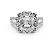 Asscher Cut Petal Frame Floral Halo Engagement Ring Setting | Pavé Split Shank | White Gold