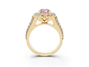 Fancy Pink Oval Cut Diamond Halo Engagement Ring Set in Yellow gold with Split Shank and Prong Setting