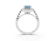 Fancy Blue Oval Cut Diamond Milgrain Halo Solitaire Ring Set in White gold with Bezel Set Side Stones and Pavé Band