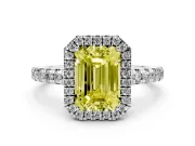 Fancy Yellow Emerald Cut Diamond Halo Ring Set in Silver with Delicate Pavé Band and Prong Setting