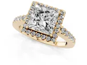 Princess Cut Halo Engagement Ring Setting | Single Row Pavé Band | Yellow Gold