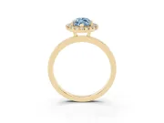Fancy Blue Marquise Cut Diamond Halo Solitaire Ring Set in Yellow gold with Pavé Band and Prong Setting
