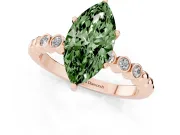 Fancy Green Marquise Cut Diamond Solitaire Engagement Ring Set in Rose gold with Bezel Accents on Beaded Band