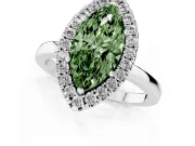 Fancy Green Marquise Cut Diamond Halo Solitaire Ring Set in White gold with Pavé Band and Prong Setting