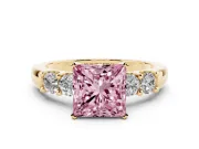 Fancy Pink Princess Cut Diamond Five-Stone Prong Set Engagement Ring Set in Yellow gold with Channel Band