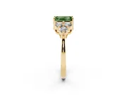 Fancy Green Emerald Cut Diamond Solitaire Ring Set in Yellow gold with Cluster Accents on Each Side