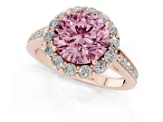 Fancy Pink Round Cut Diamond Floral Halo Ring Set in Rose gold with Pavé Band and Prong Setting