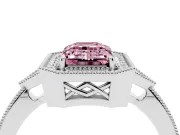 Fancy Pink Emerald Cut Diamond Halo Engagement Ring Set in White gold with Milgrain Pavé Band